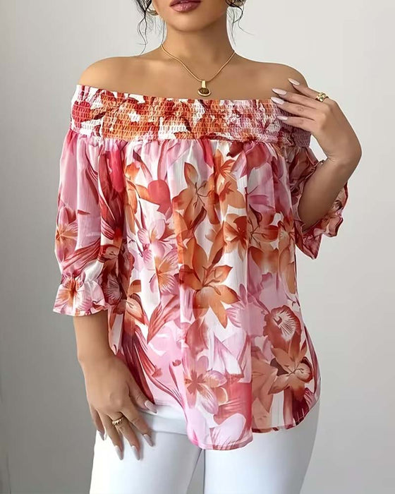 Bluse Off-Shoulder Print Puffärmel