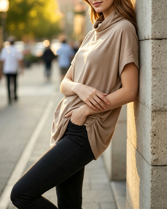 Bluse Mock Neck Kurzarm Seite Gerafft