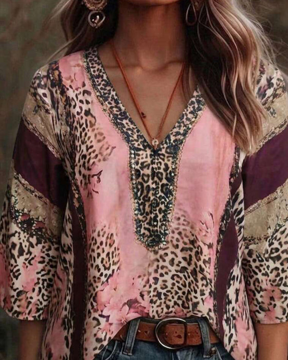 Bluse V-Ausschnitt Leopard Farbblock