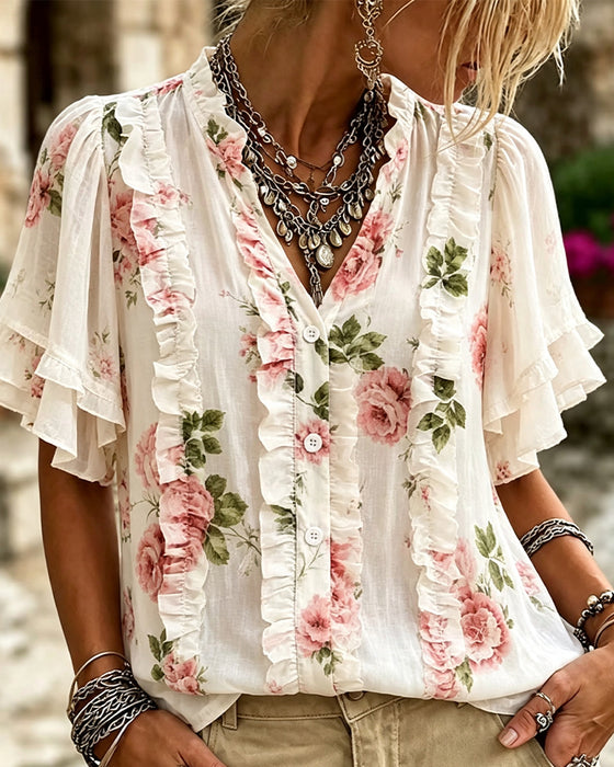 Bluse Blumen Rüsche Doppellagig Saum