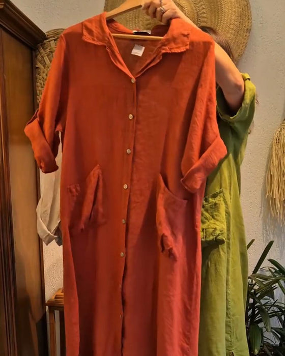 Kleid Tasche Leinen Cardigan Lässig