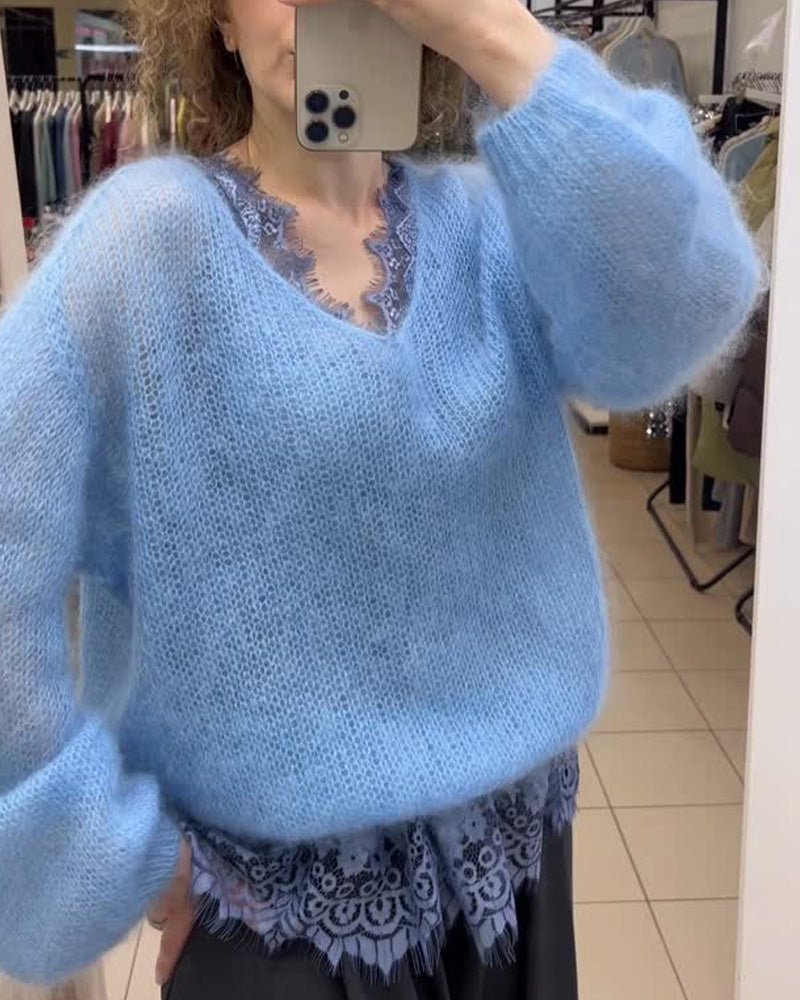 Pullover V-Ausschnitt Uni Patchwork