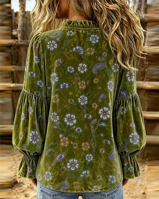 Bluse V-Ausschnitt Knopf Rüsche Blumig