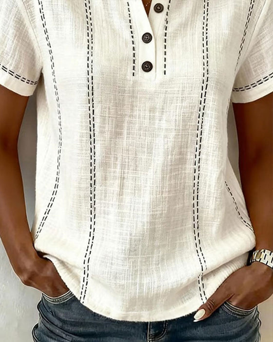 T-Shirt Mode Lässig Knopf V-Ausschnitt