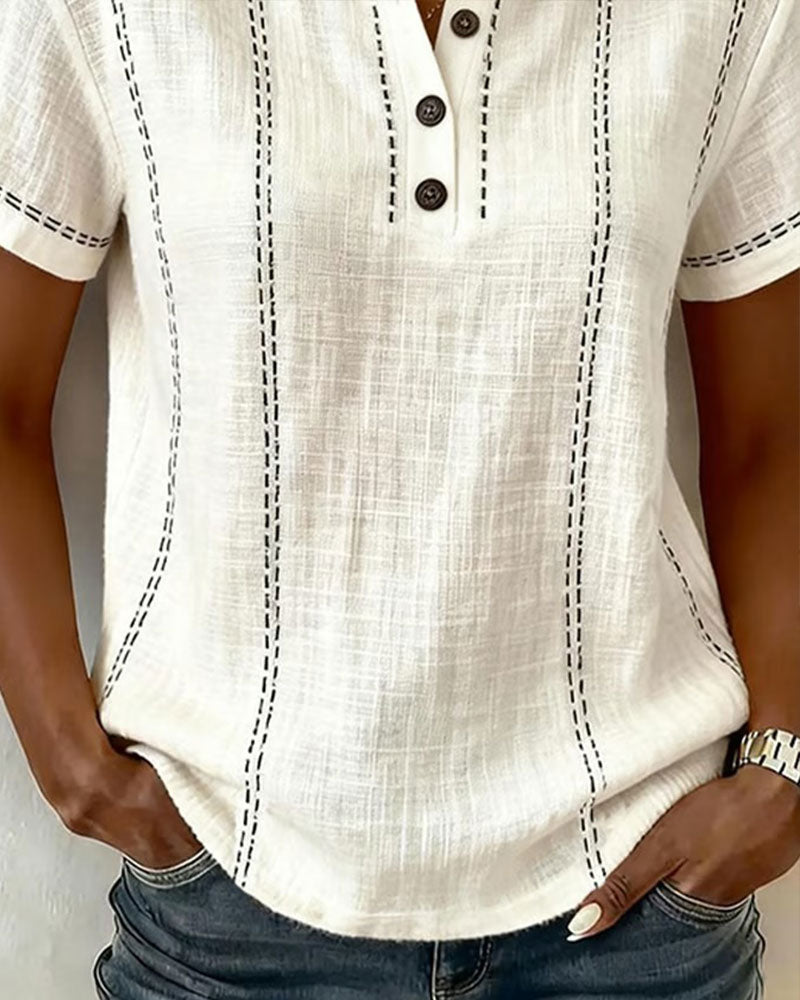 T-Shirt Mode Lässig Knopf V-Ausschnitt