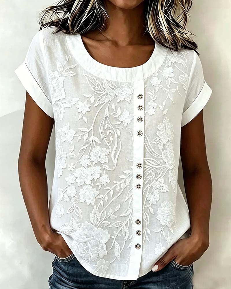 Bluse Blumig Knopf Rundhalsausschnitt Kurzarm