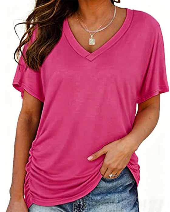 T-Shirt Plissiert Einfarbig V-Ausschnitt
