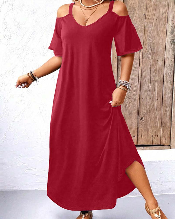 Kleid Einfarbig V-Ausschnitt Off-Shoulder Lang