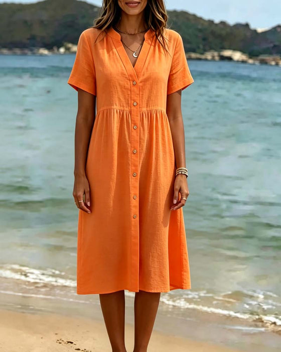 Kleid V-Ausschnitt Knopfleiste Resort Stil