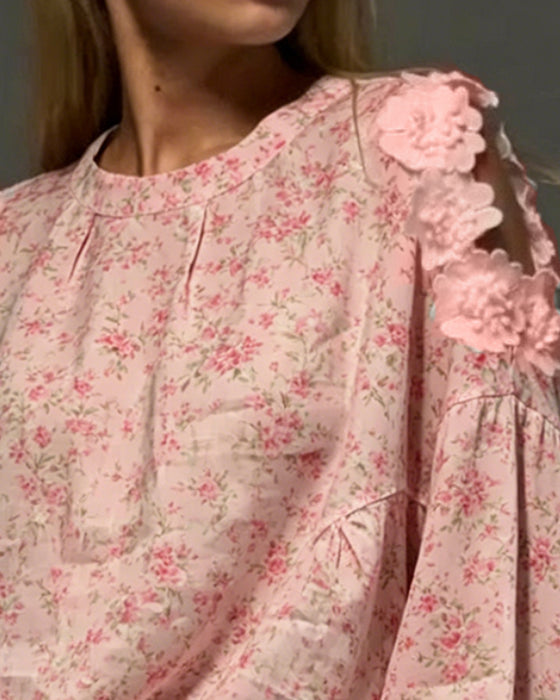 Bluse Rundhals Off-Shoulder Blumig Locker