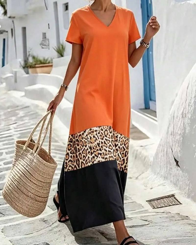 Maxikleid V-Ausschnitt Farbblock Patchwork Leopard