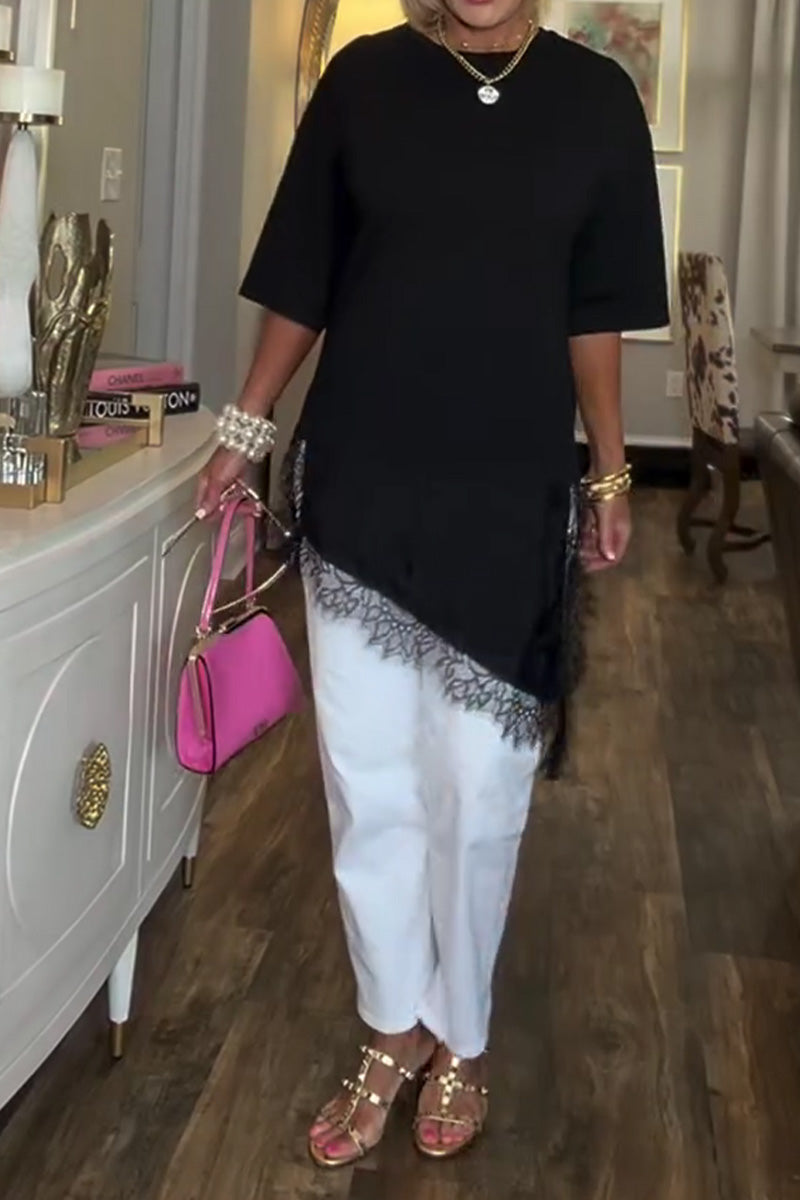 Bluse Spitzennaht Unregelmäßig Mittellang