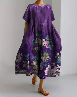 Kleid Rundhals Lila Blumen