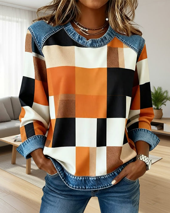 Sweatshirt mit Karo-Patchwork und Kontrastfarbe