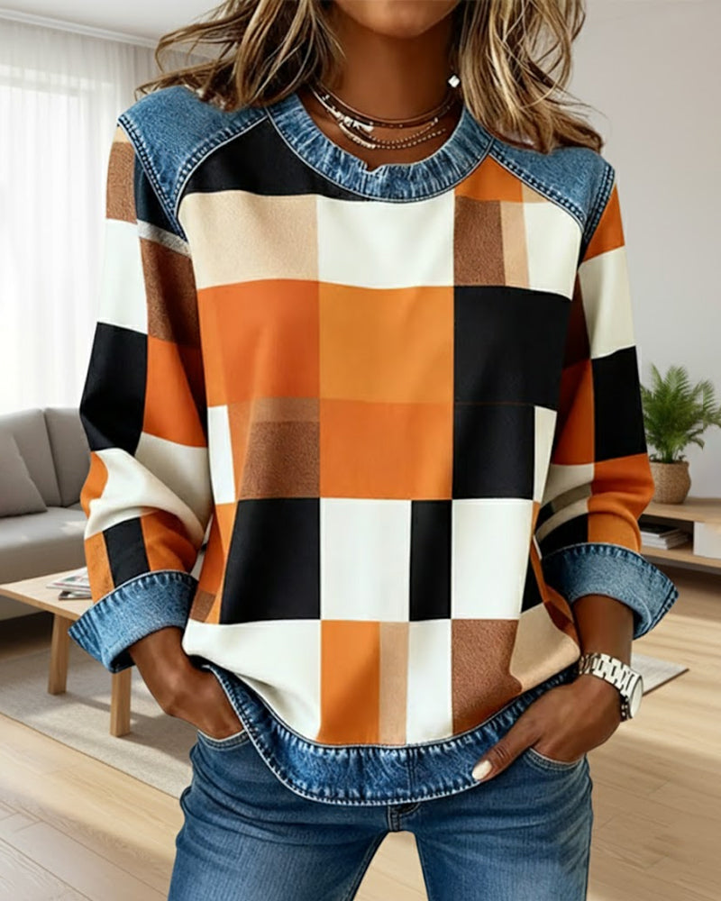 Sweatshirt mit Karo-Patchwork und Kontrastfarbe
