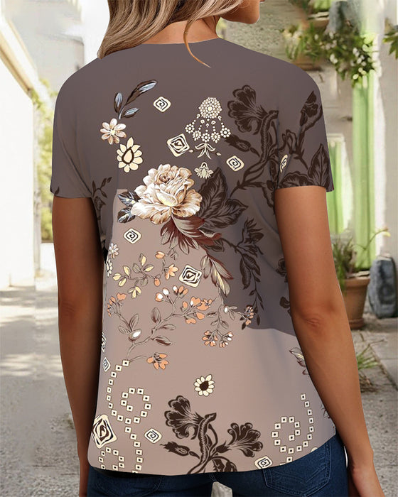 T-Shirt Blumenmuster V-Ausschnitt Kurzärmelig