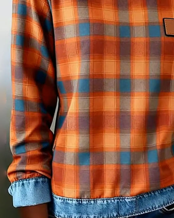 Sweatshirt Revers kariert Denim Patchwork