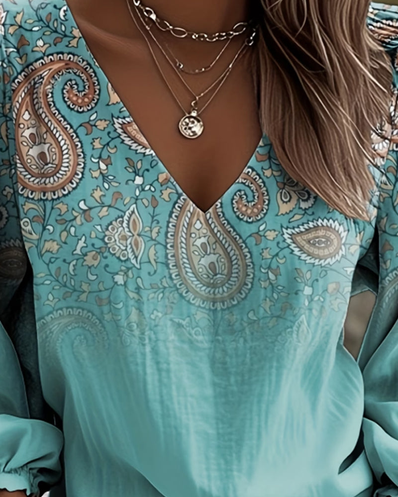 Bluse Farbverlauf Paisley-Muster V-Ausschnitt Puffärmel