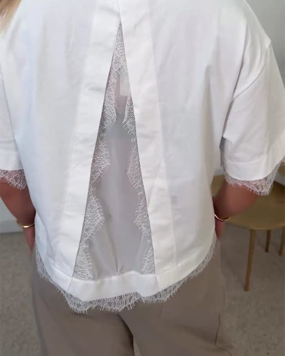 Bluse Rücken Schlitz Spitze Kurzarm