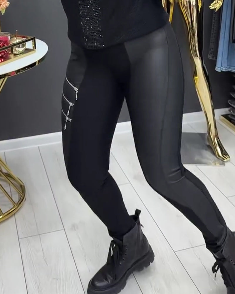 Leggings PU Patchwork Reißverschluss Verziert