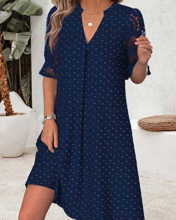 Kleid V-Ausschnitt Druck Spitze Patchwork A-Linie