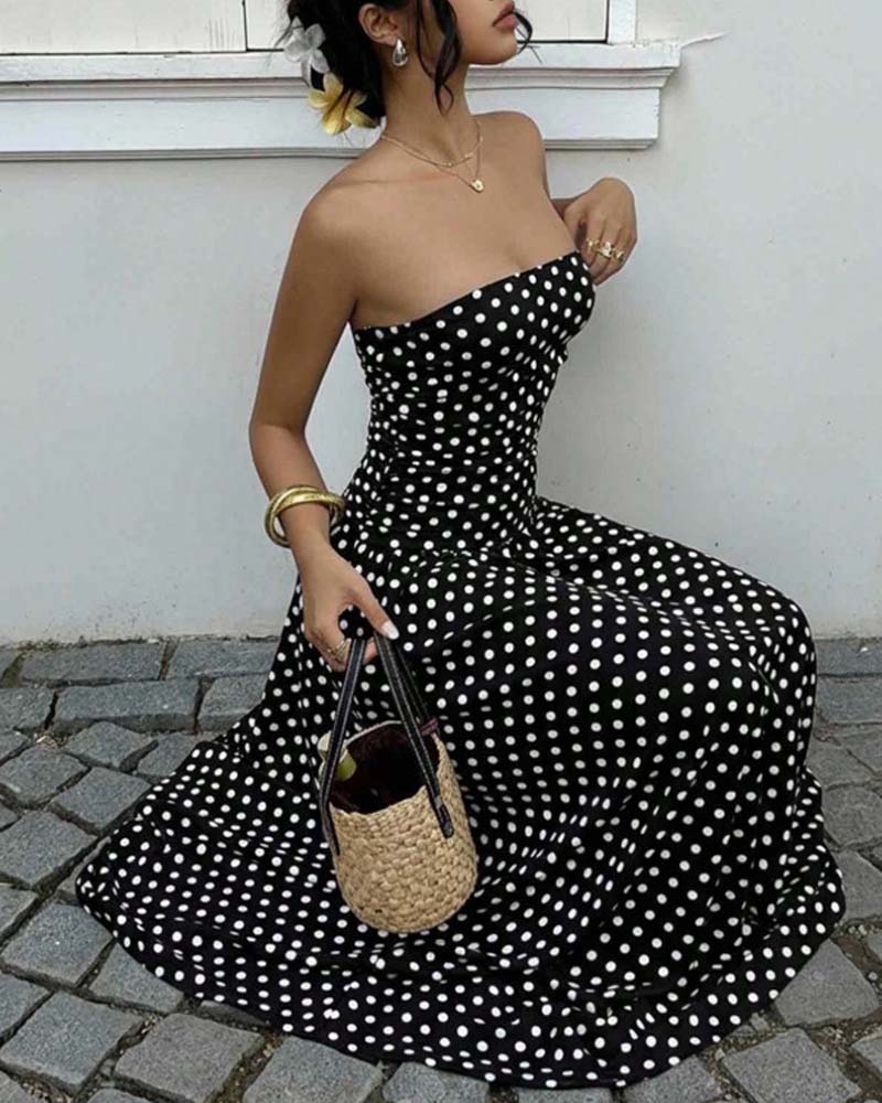 Kleid Tupfen Bandeau A-Linie Lang