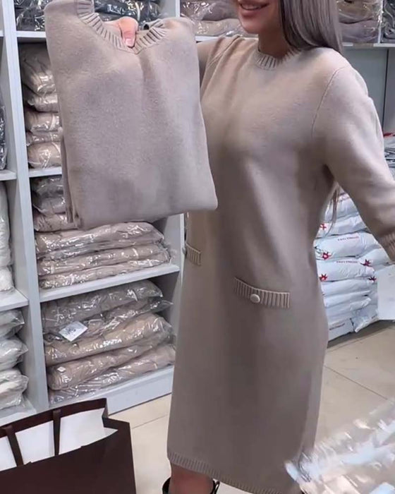 Pullover Kleid Rundhals Ellenbogenlang Ärmel