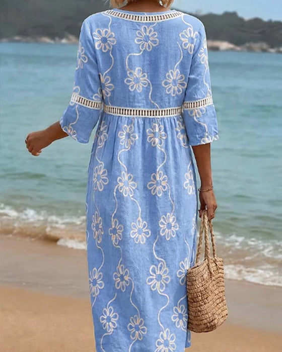 Kleid V-Ausschnitt Ausgeschnitten Patchwork Blumig Locke