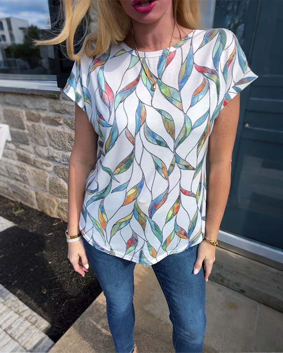 T-Shirt Rundhals Bunte Blätter Print