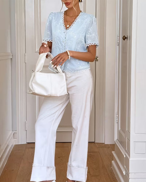 Bluse Französischer V-Ausschnitt Bogenkante