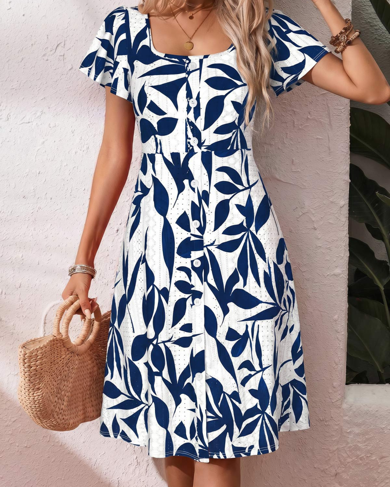 Kleid Quadratischer Ausschnitt Blumenprint Kurzarm
