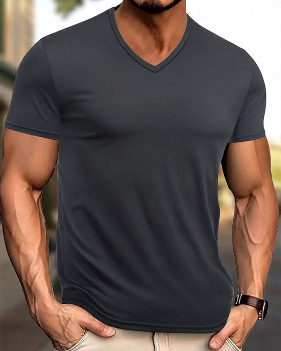 T-Shirt Uni Farbe V-Ausschnitt Freizeit Herren