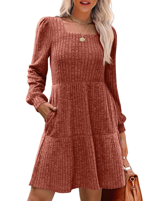 🍂2025 Herbst Neue Kollektion⏰ Damenkleid mit Quadrat-Ausschnitt, Laternenärmeln und Rippstruktur