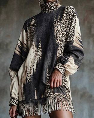Kleid Rollkragen Leopard Farbblock