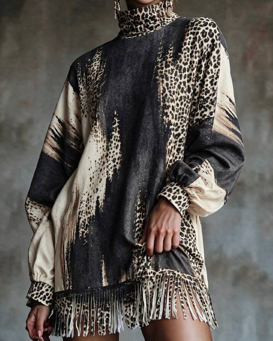Kleid Rollkragen Leopard Farbblock