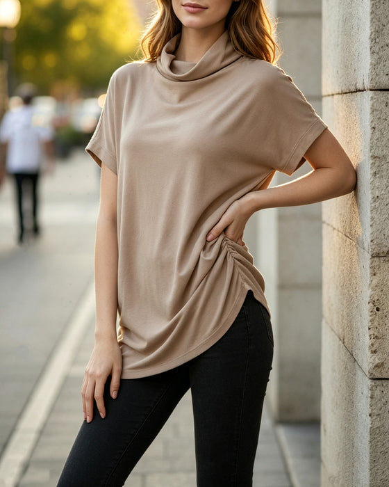 Bluse Mock Neck Kurzarm Seite Gerafft