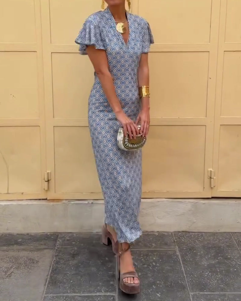 Kleid V-Ausschnitt Diamant Print Rüschenärmel