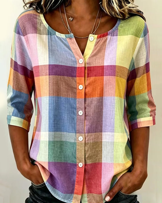 Bluse Bunt Karo Knopf Vorne Locker