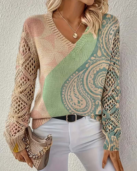 Pullover Farbblock Ausgeschnitten V-Ausschnitt Gestrickt