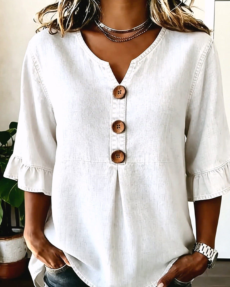 Bluse V-Ausschnitt Ausgestellter Ärmel Denim