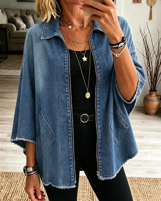 Mantel Revers Reißverschluss Franse Denim