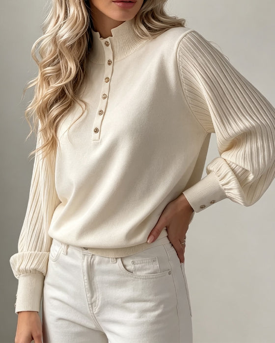 Pullover Rollkragen Knopf Gerippt Puffärmel Sweater