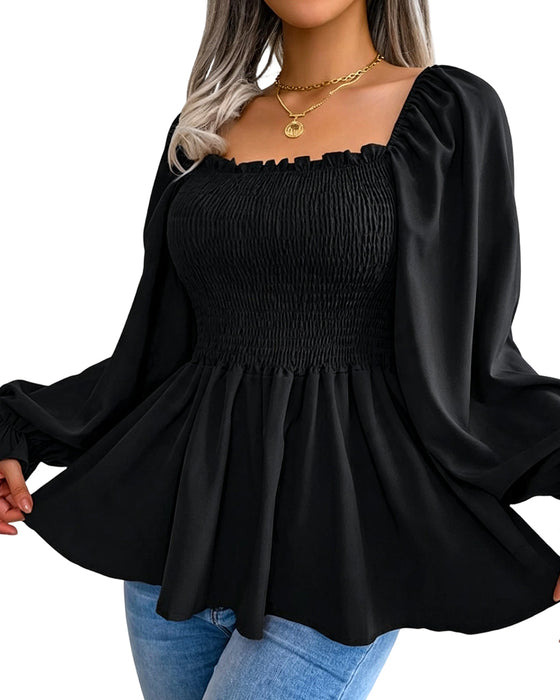 Bluse Rüsche Quadratischer Ausschnitt Langarm