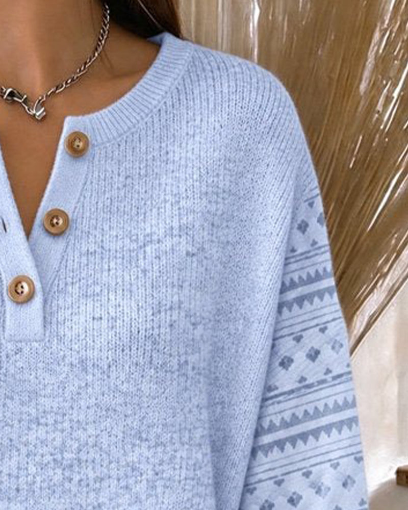Sweatshirt Rundhals Geknöpft Gestreift Locker