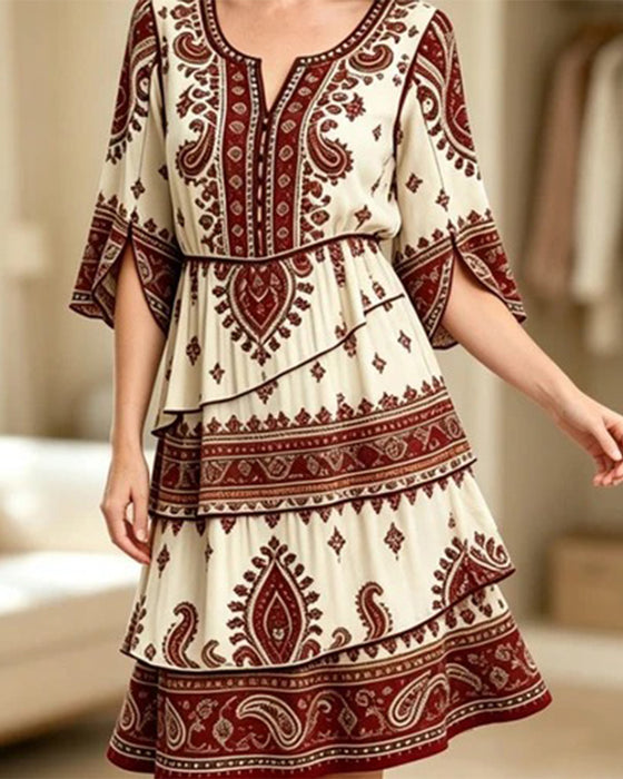 Kleid Bedruckter Rundhals Halb-Ärmel