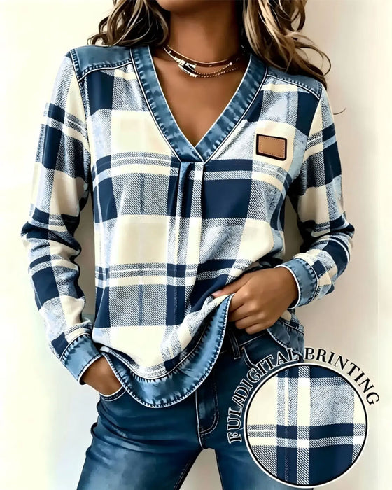 Oberteil V-Ausschnitt Karo Denim Patchwork