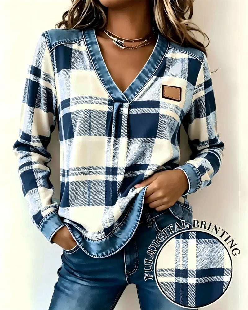 Oberteil V-Ausschnitt Karo Denim Patchwork