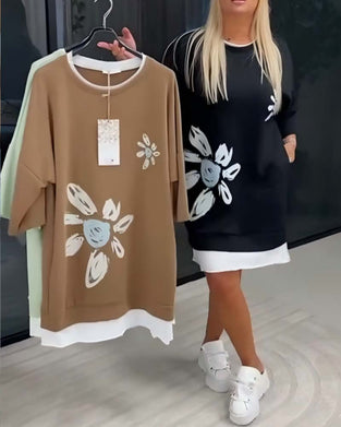 Sweatshirt-Kleid Rundhals bedruckt Patchwork