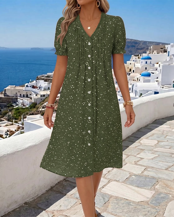 Kleid Blumenmuster V-Ausschnitt Knopfleiste vorne