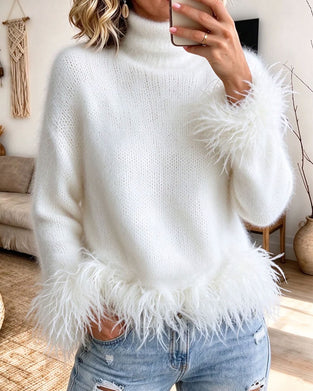 Pullover Rollkragen Feder Patchwork Manschette